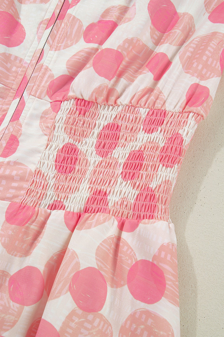 Pink Polka Dot Printed Ruffle Short Sleeve Zip Up Long Dress