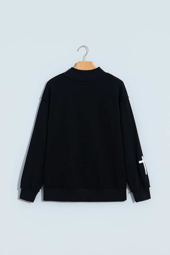 Black CHRIST IS KING Embroidery High Neck Baggy Sweatshirt