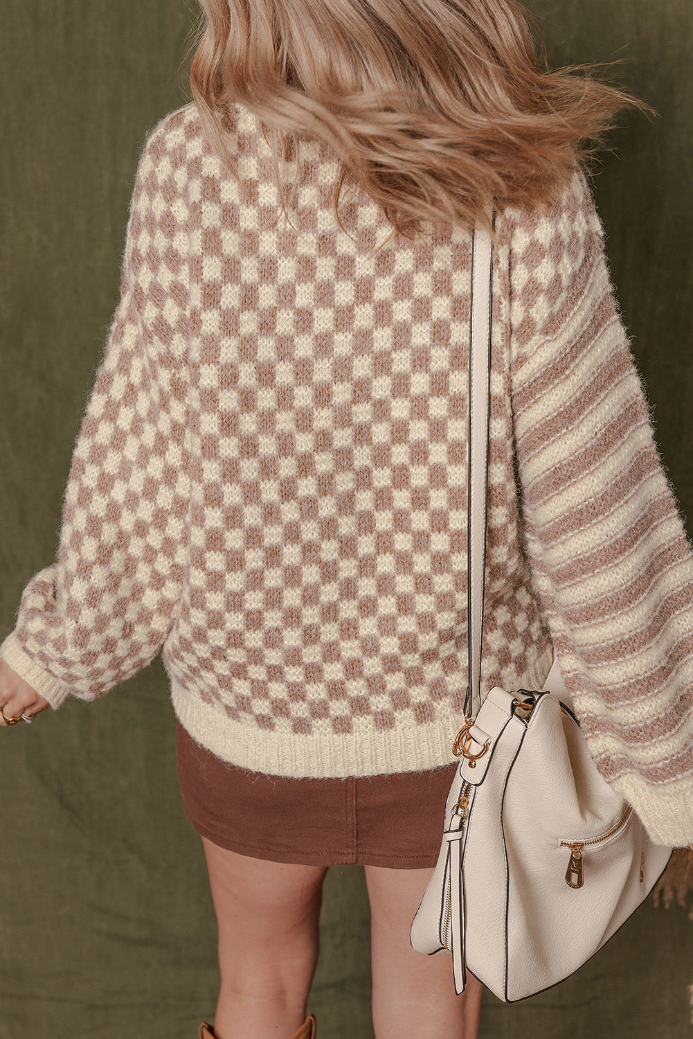 Checkerboard Drop Shoulder Balloon Sleeve Sweater