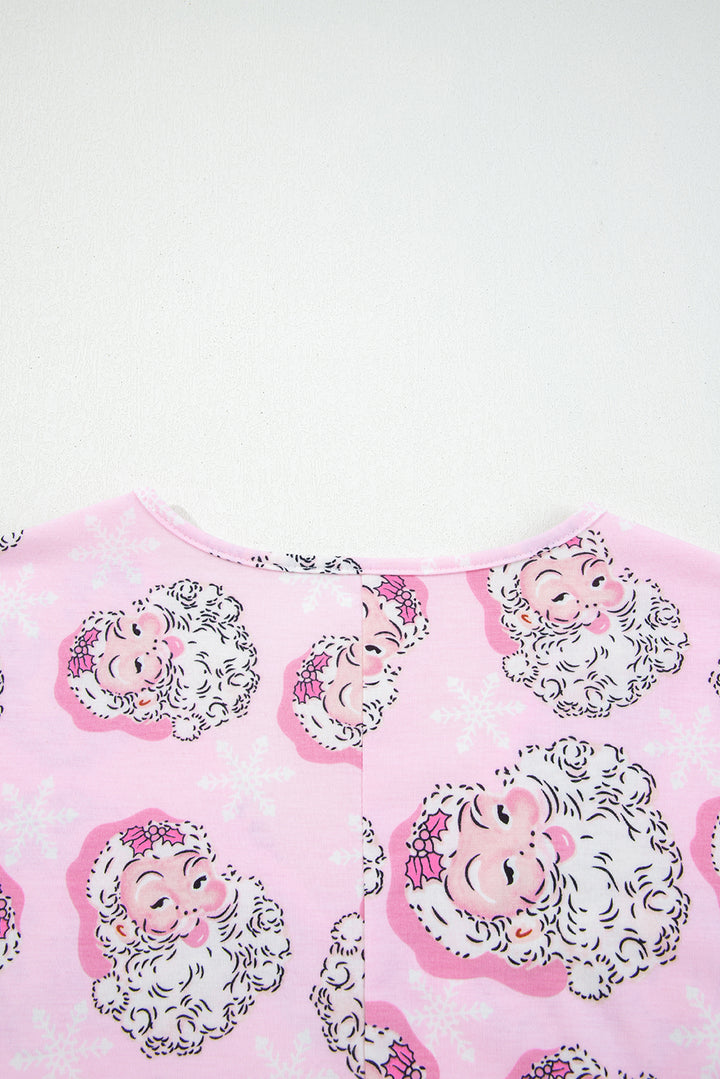 Pink Santa Claus Print V Neck Tee Drawstring Pants 2pcs Lounge Set