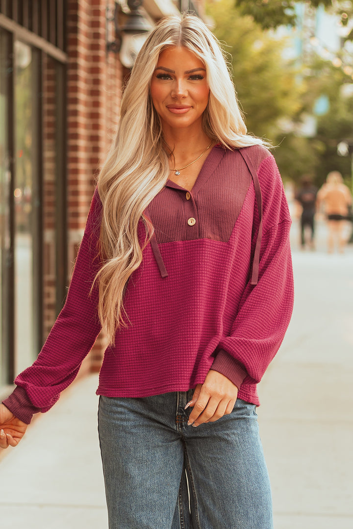 Red Waffle Patchwork Drop Shoulder Hooded Long Sleeve Top