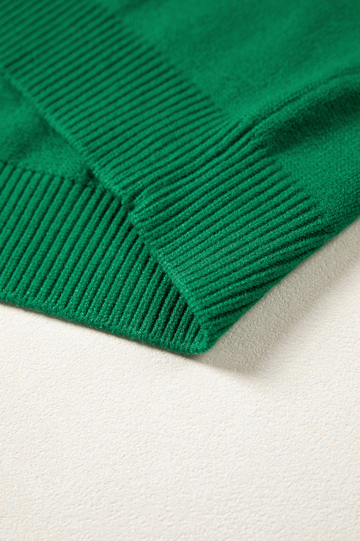 Bright Green Corded Horseshoes Ribbed Trim Mock Neck Short Sleeve Sweater