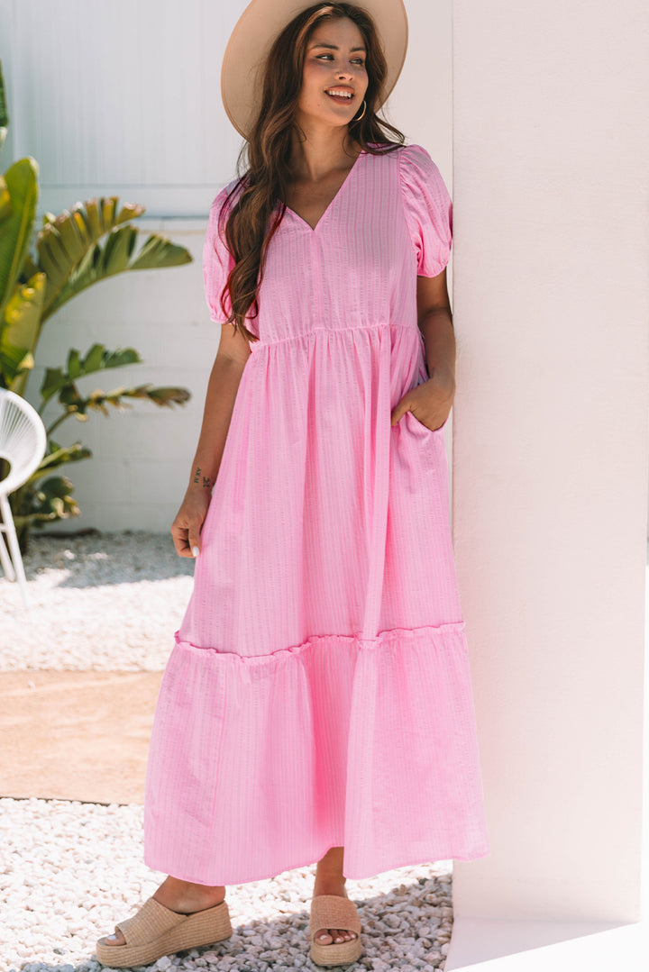 V Neck Puff Short Sleeve Maxi Dress