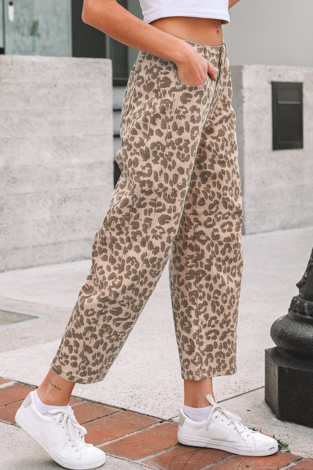 Khaki Leopard Print Barrel Leg Jeans