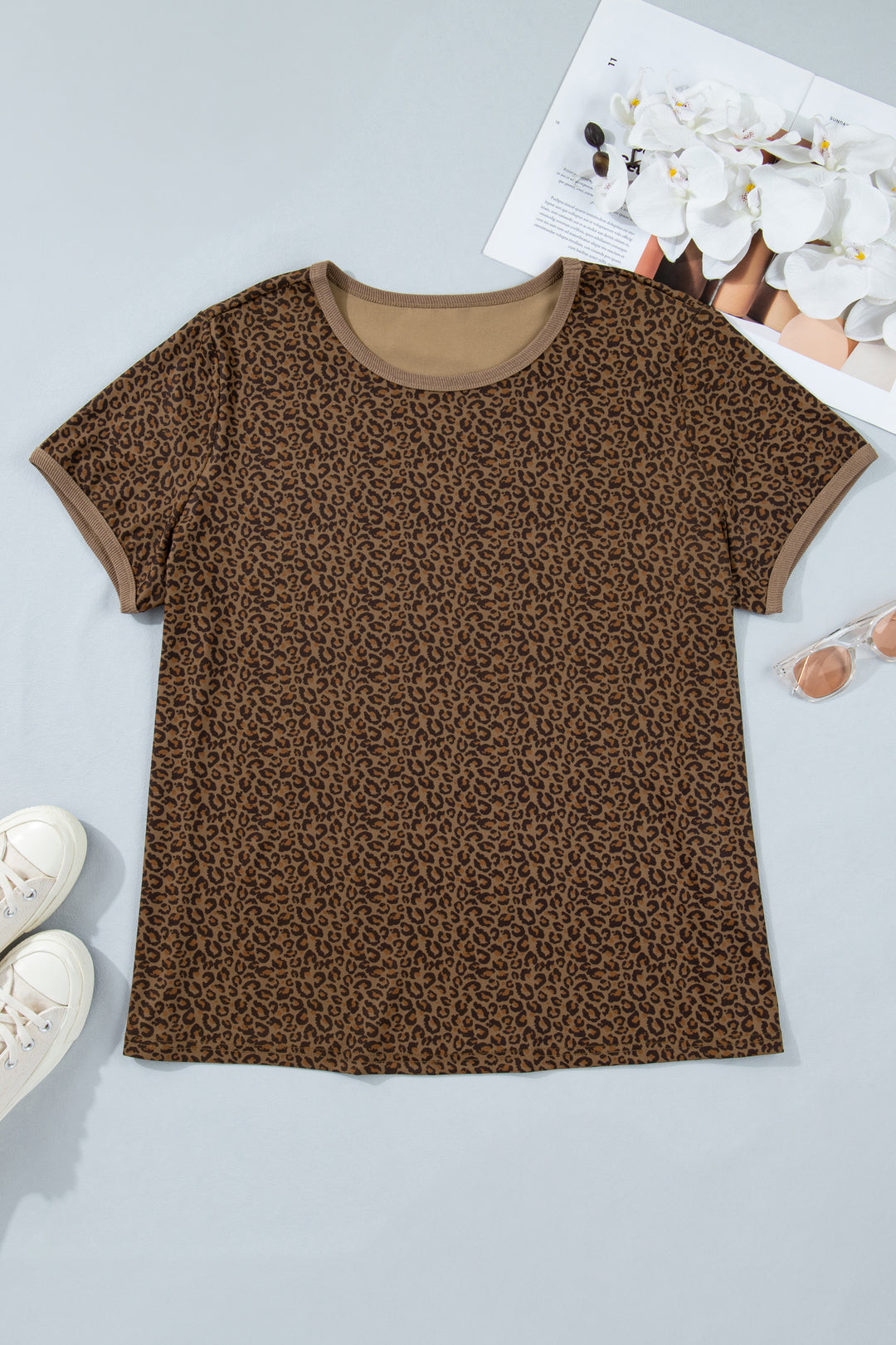Khaki Plus Size Leopard Print Ribbed Trim Round Neck Tee