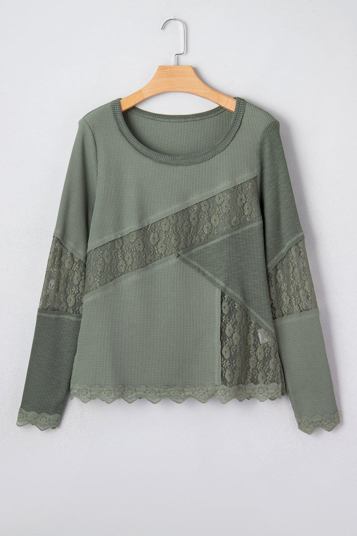 Solid Color Waffle Ribbed Lace Patchwork Long Sleeve Top