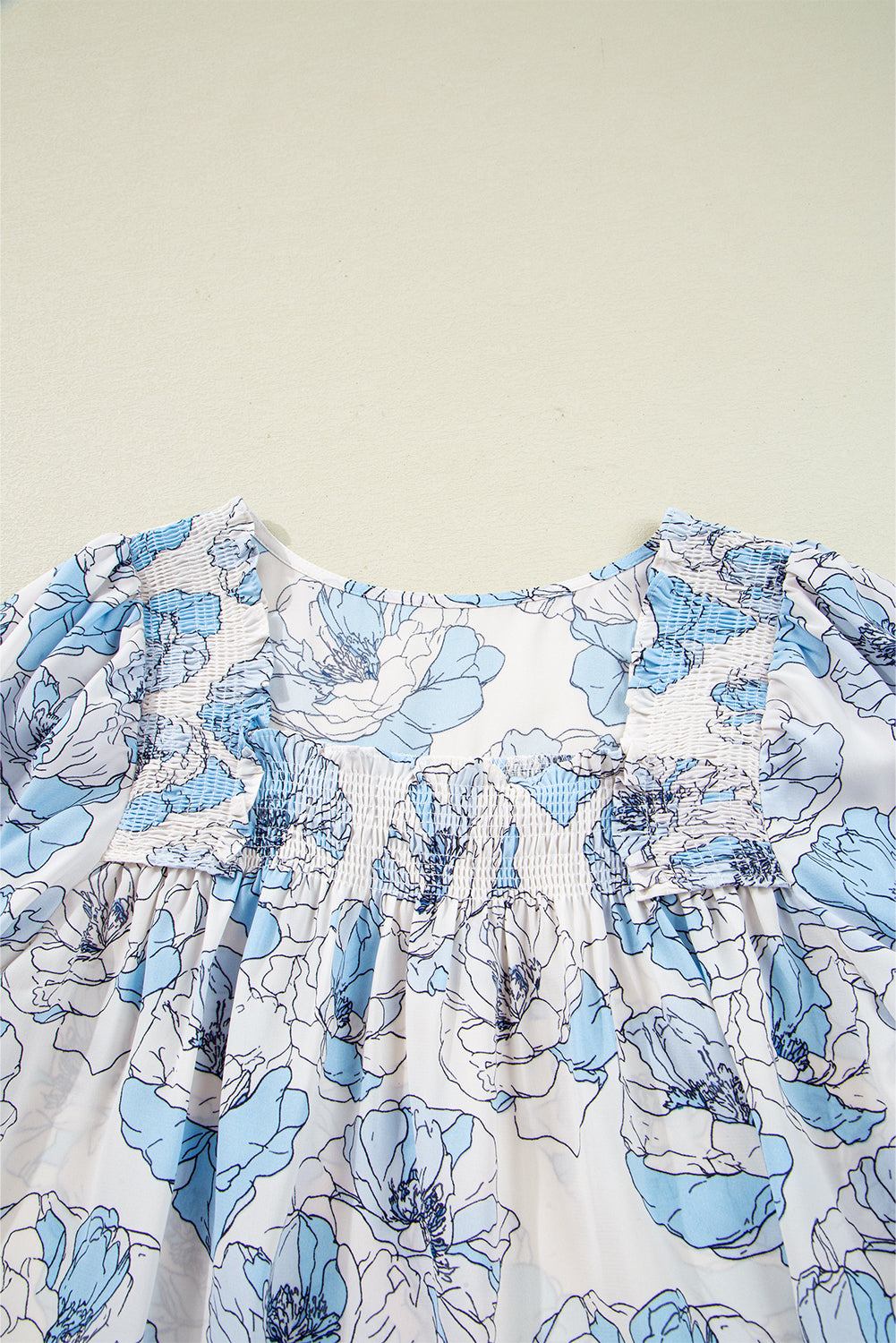 Floral Print Frilly Smocked Square Neck Long Sleeve Blouse