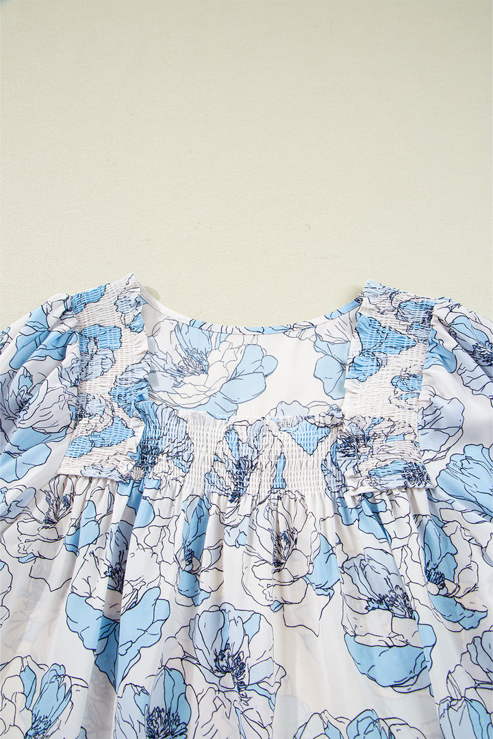 Floral Print Frilly Smocked Square Neck Long Sleeve Blouse