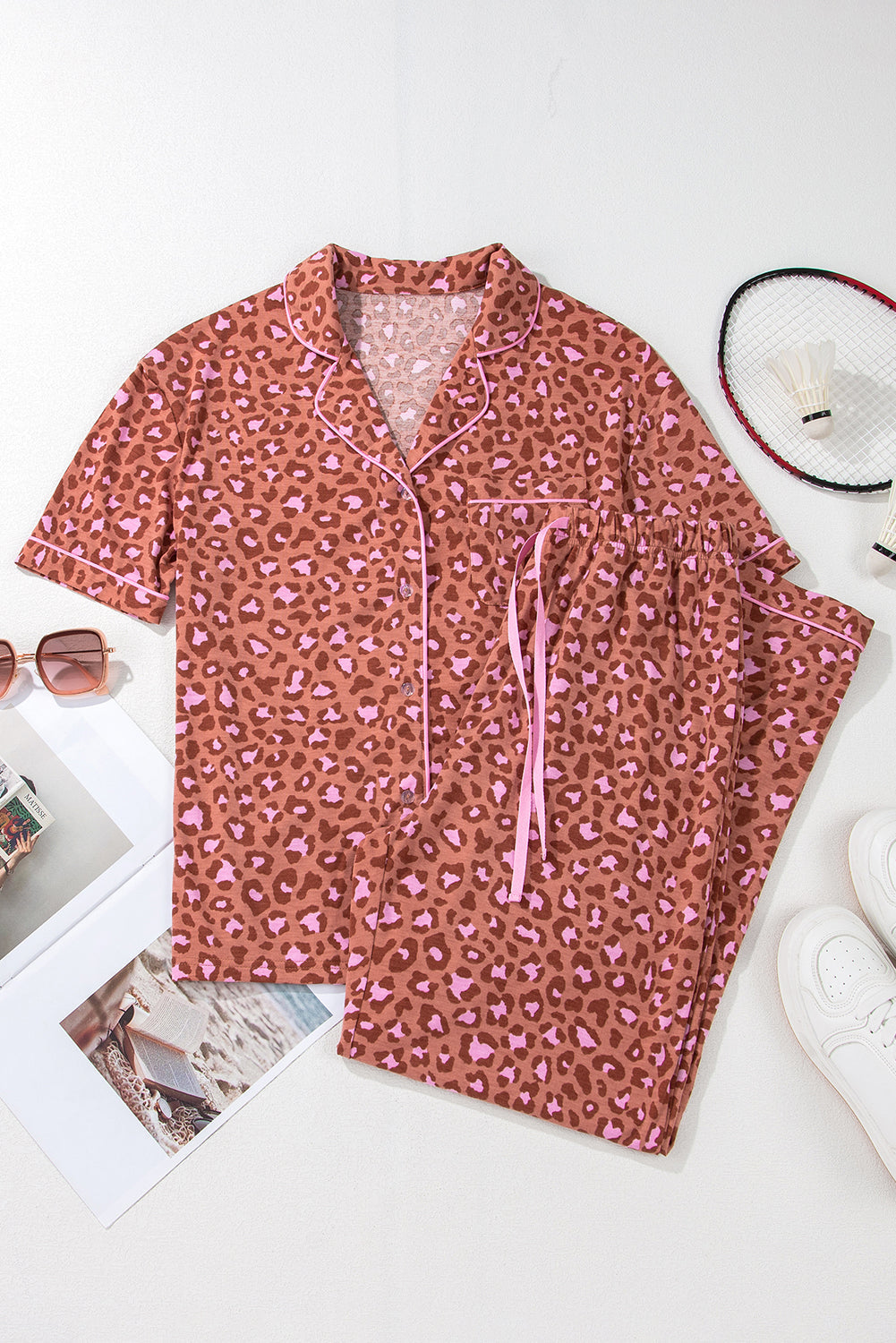 leopard print short sleeve shirt and pants pajamas set