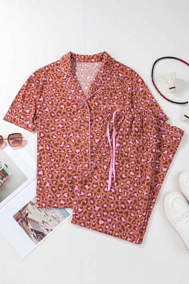 leopard print short sleeve shirt and pants pajamas set
