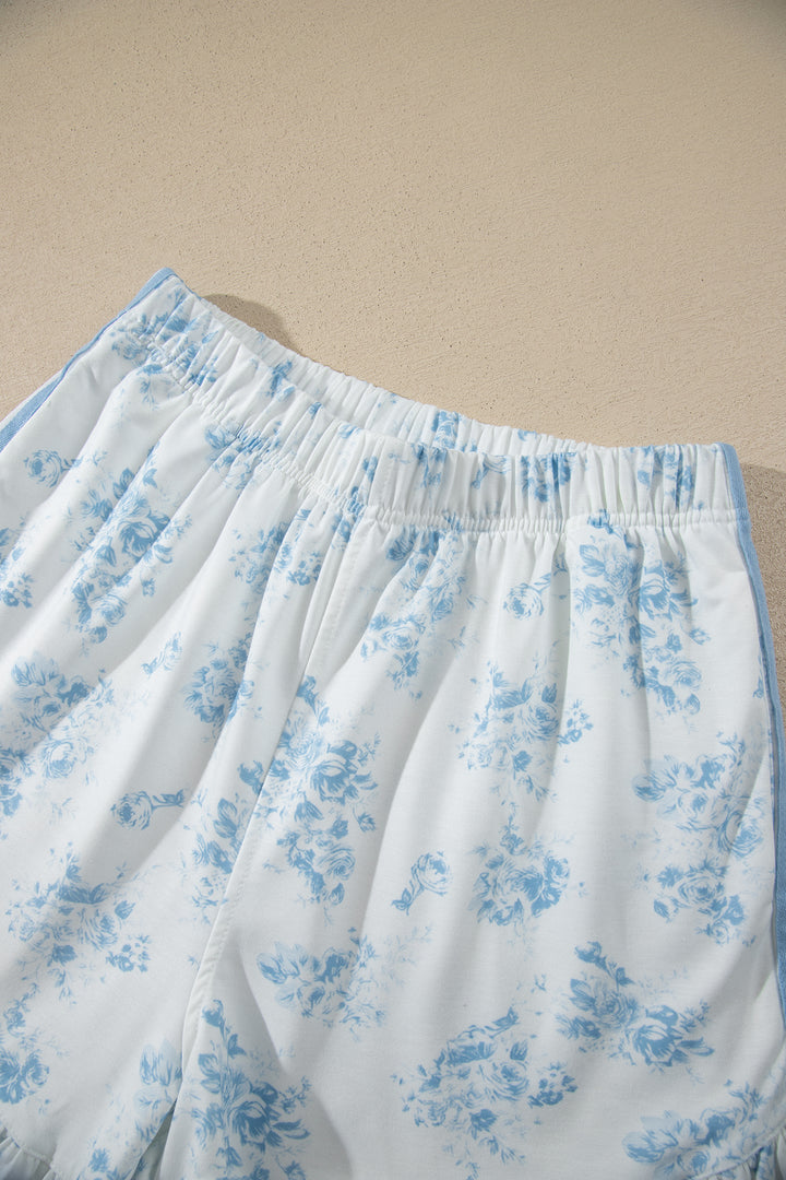 Sky Blue Floral Print Long Sleeve Top Ruffle Hem Shorts 2pcs Set