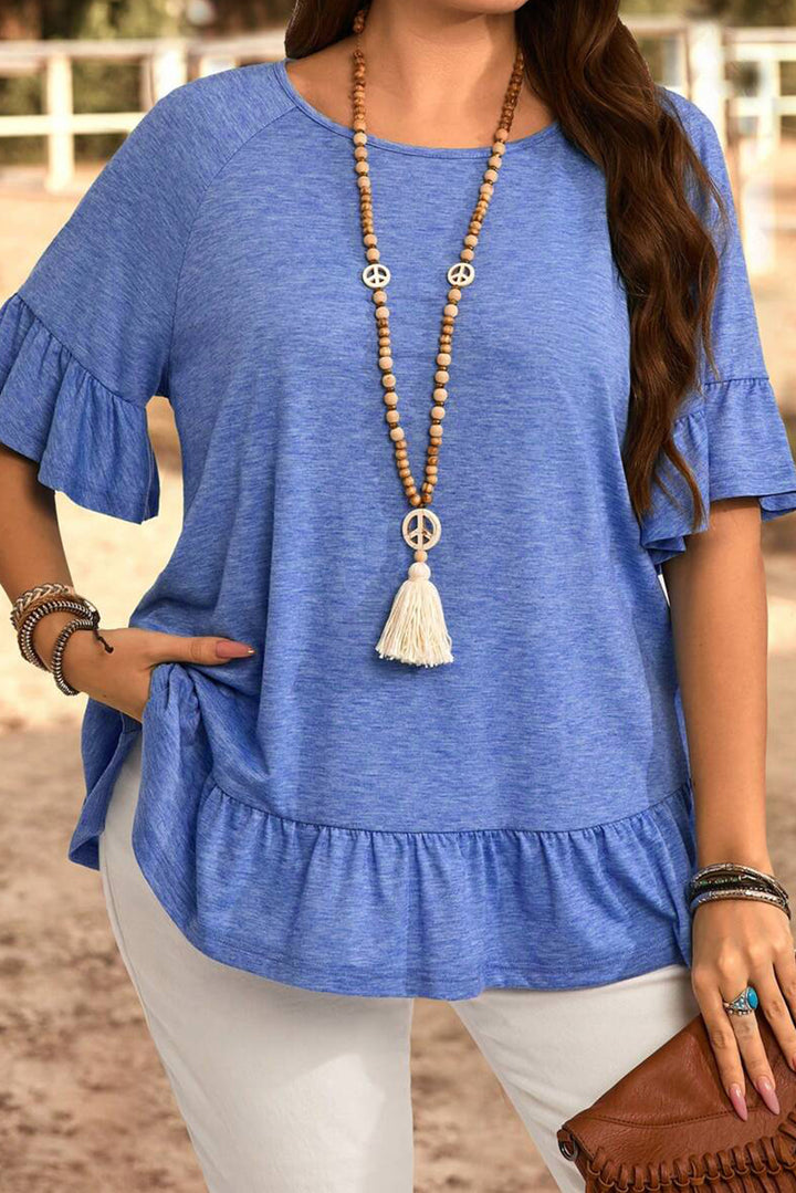 Dusk Blue Ruffled Short Sleeve Plus Size Casual Blouse
