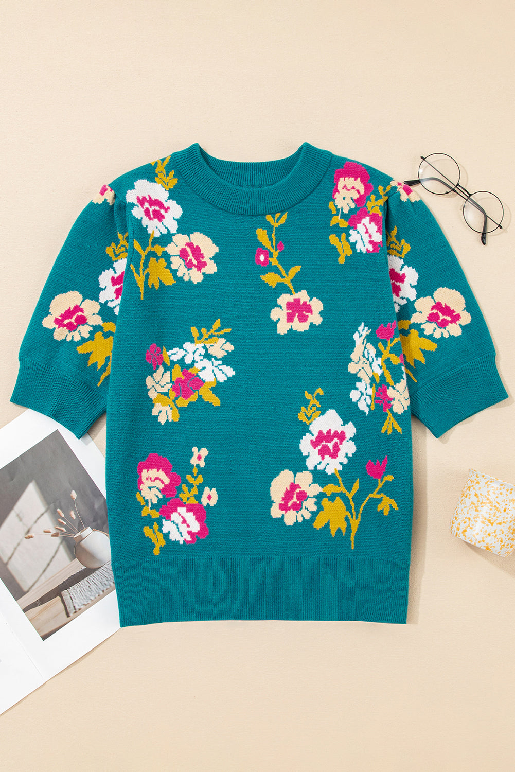 Flower Pattern Mock Neck Short Sleeve Knitted T Shirt