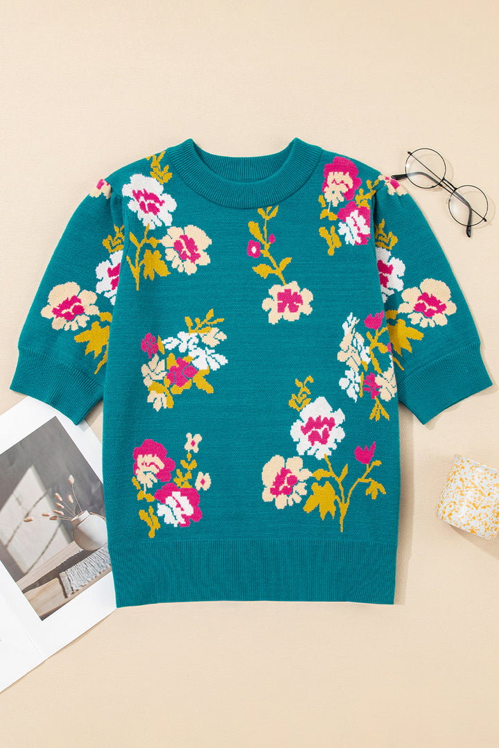 Flower Pattern Mock Neck Short Sleeve Knitted T Shirt