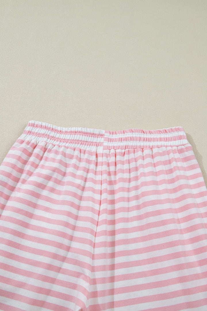 Pink Stripe Drop Shoulder Round Neck Top and Buttoned Straight Pants Two Piece Set