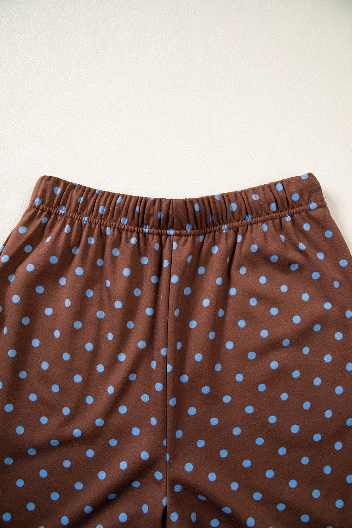 Brown Polka Dot Drawstring Wide Leg Long Sleeve Top Pant Set