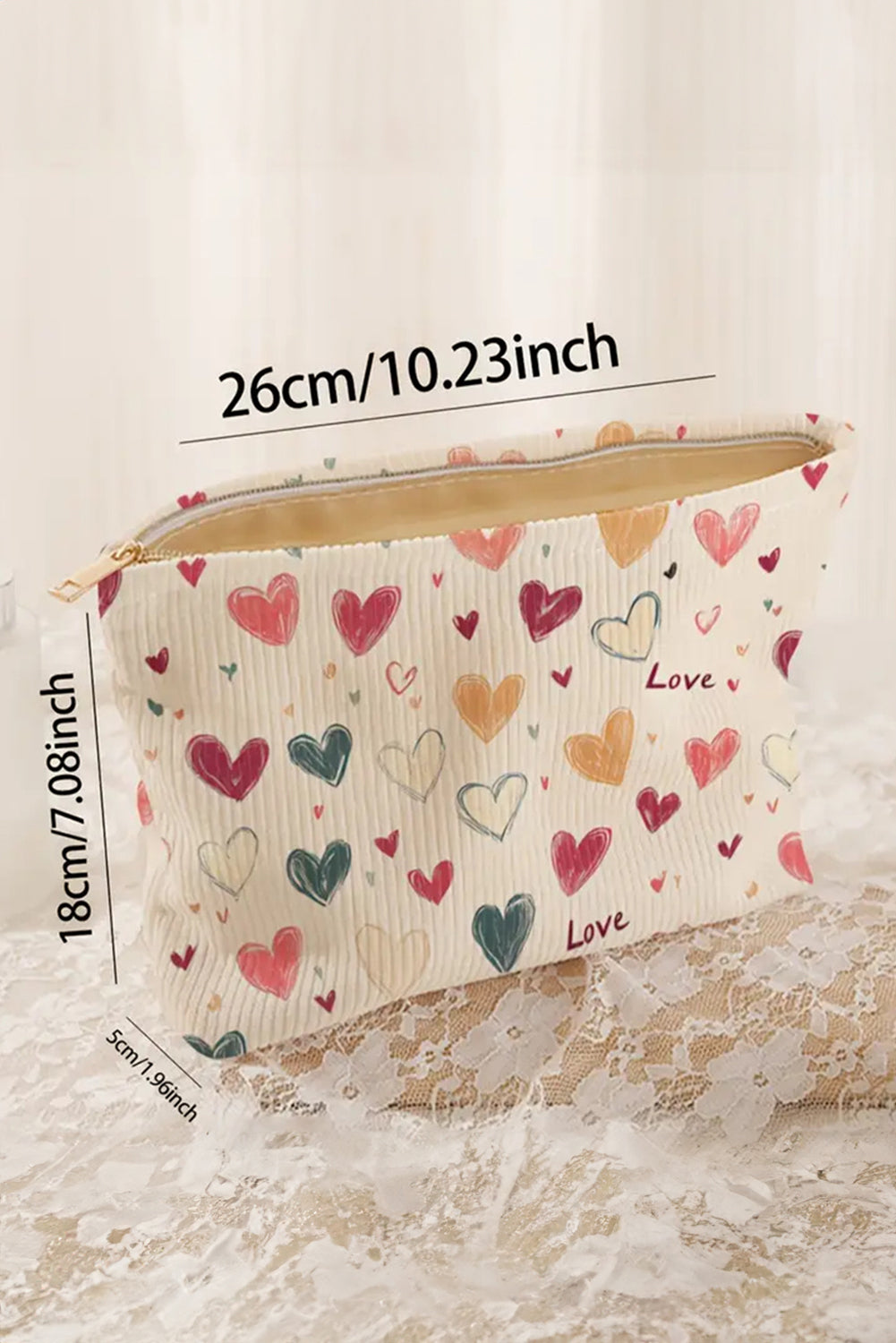 Love Heart Print Ribbed Canvas Makeup Bag