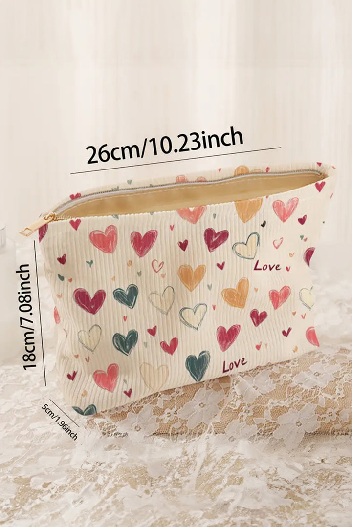Love Heart Print Ribbed Canvas Makeup Bag