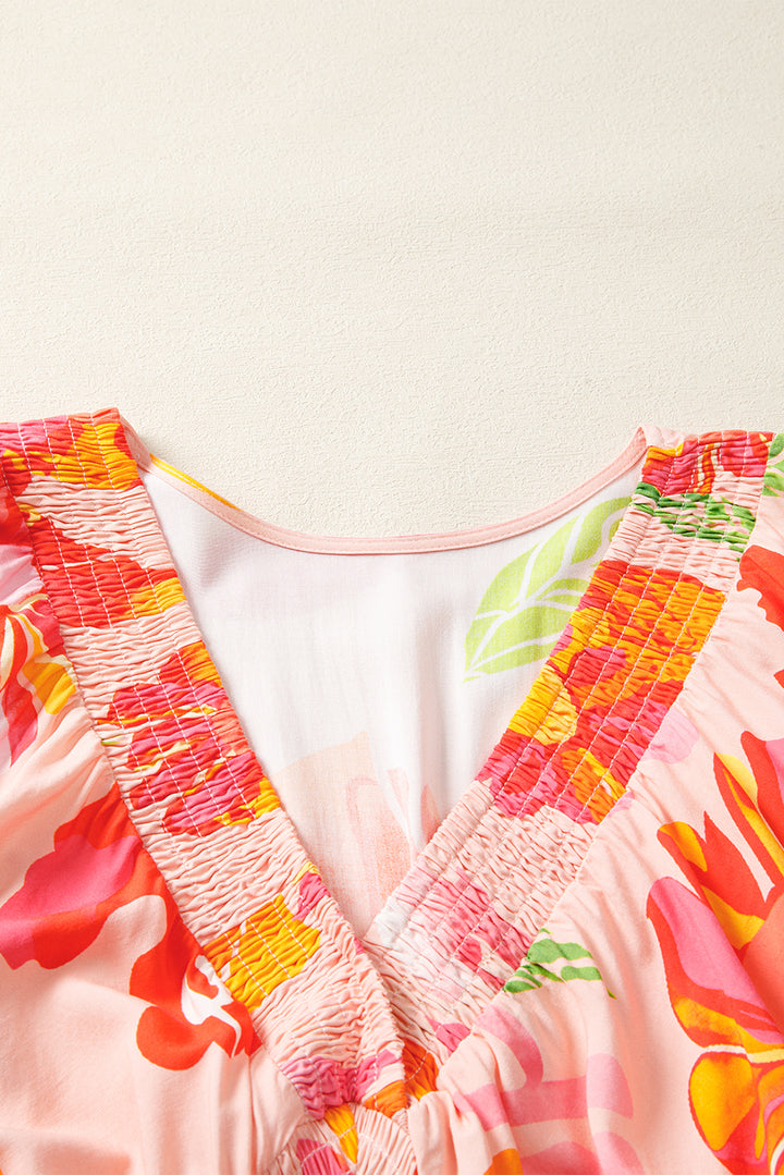 Floral Print Smocked Detail V Neck Puff Sleeve Flowy Maxi Dress