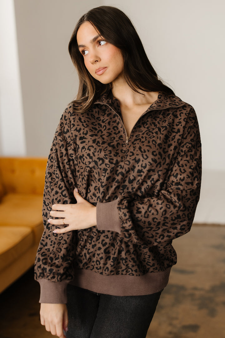 Leopard Print Quarter Zip Corduroy Sweatshirt