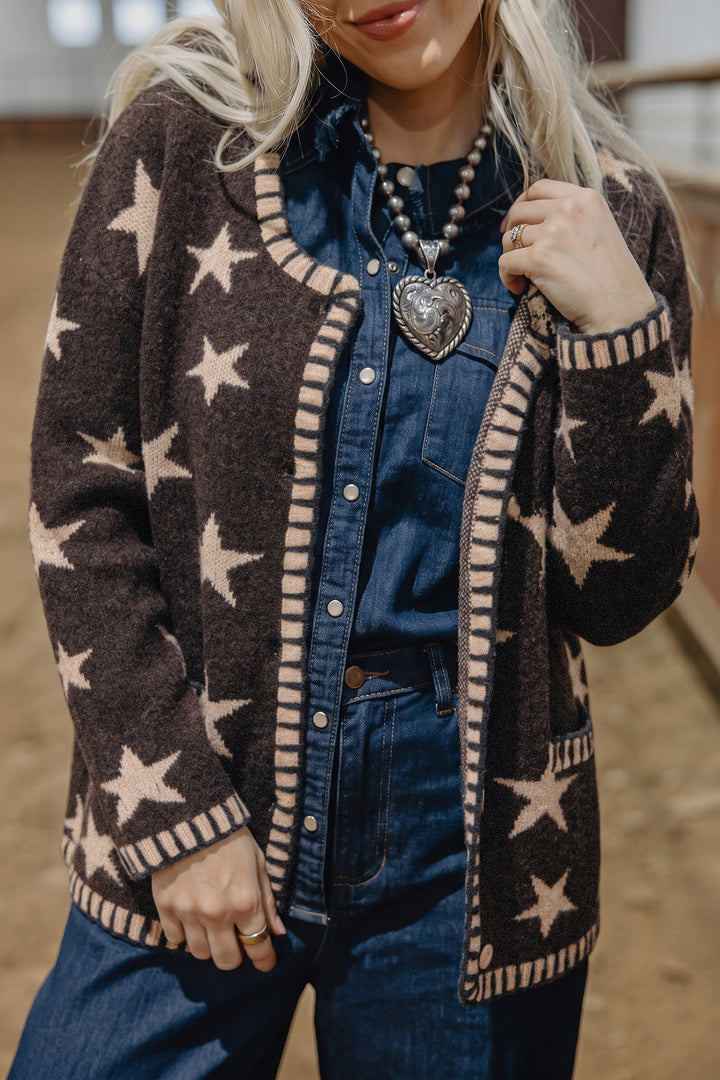 Brown Stars Pattern Colorblock Long Sleeve Shift Wool Cardigan