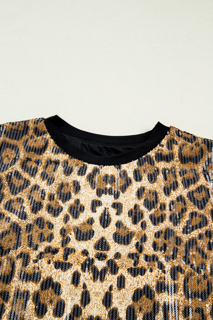 Sequin Leopard Pattern Short Sleeve Top