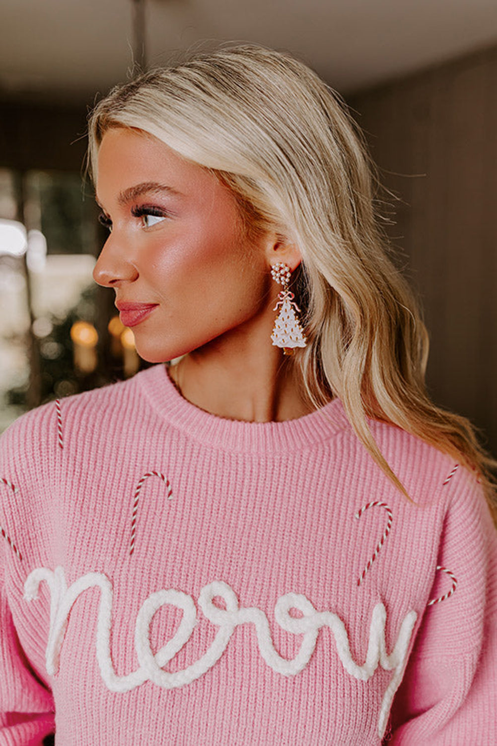 Merry Candy Cane Puffy Knit Crew Neck Sweater