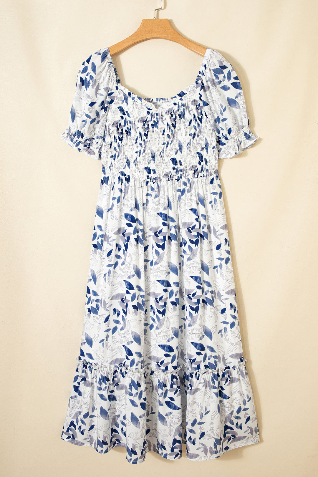 Smocked Bodice Short Puff Sleeve Tiered Floral Midi Dress