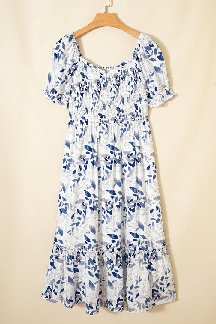 Smocked Bodice Short Puff Sleeve Tiered Floral Midi Dress