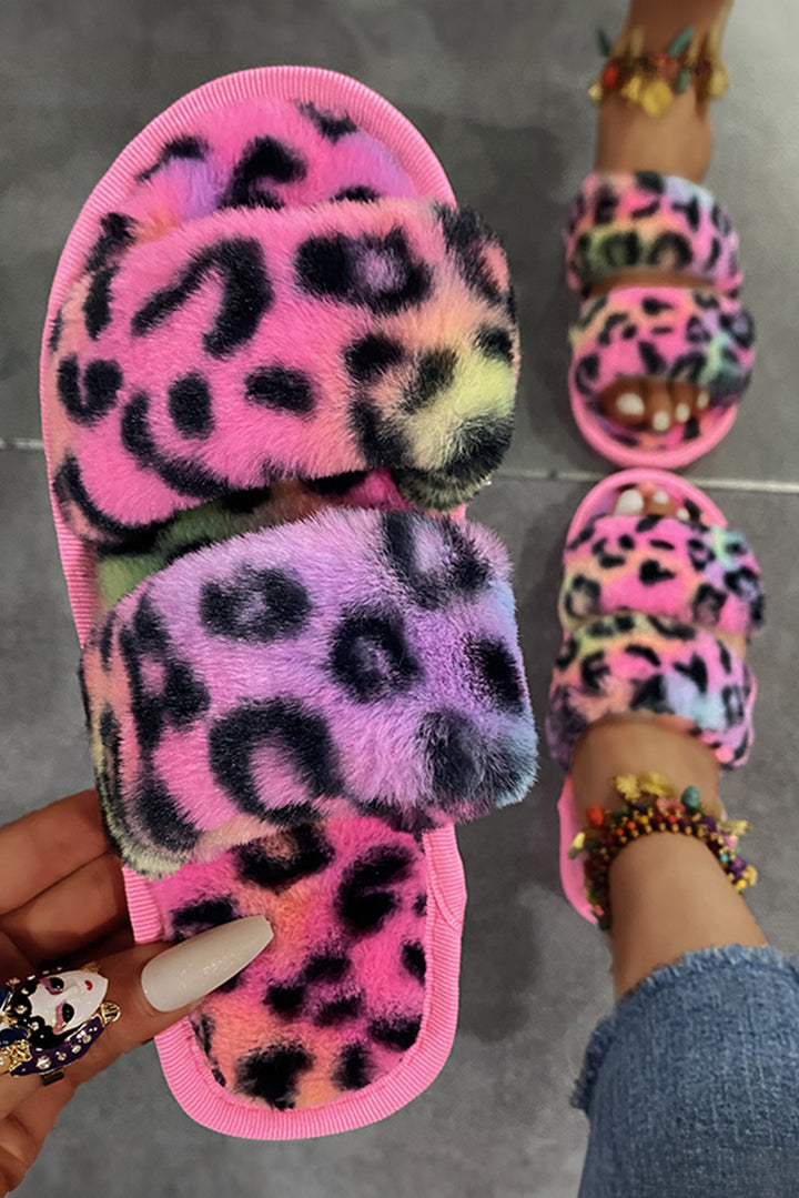 Bold Plush Leopard Double Band Flat Slippers