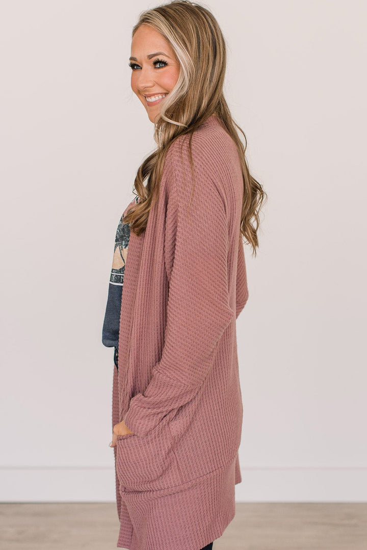 Mineral Red Solid Color Waffle Knit Cardigan