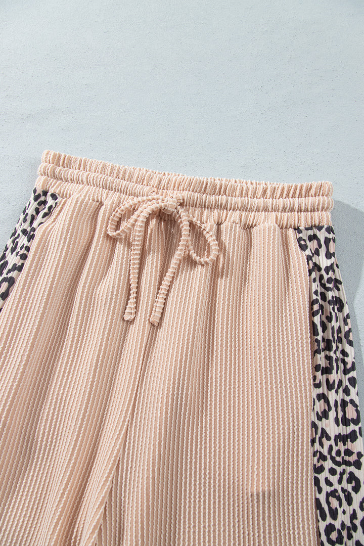Parchment Leopard Print Twisted Ribbed Patchwork Long Sleeve Top Loose Pant Set