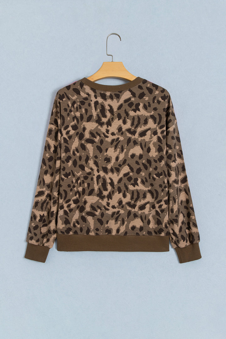 Brown Leopard Print Striped Detail Relaxed Pullover Sweatshirt