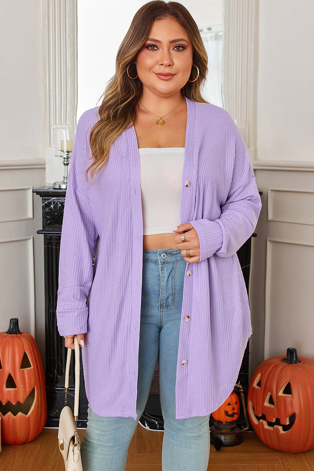 Orchid Petal Plus Size Waffle Knit Button Front Cardigan