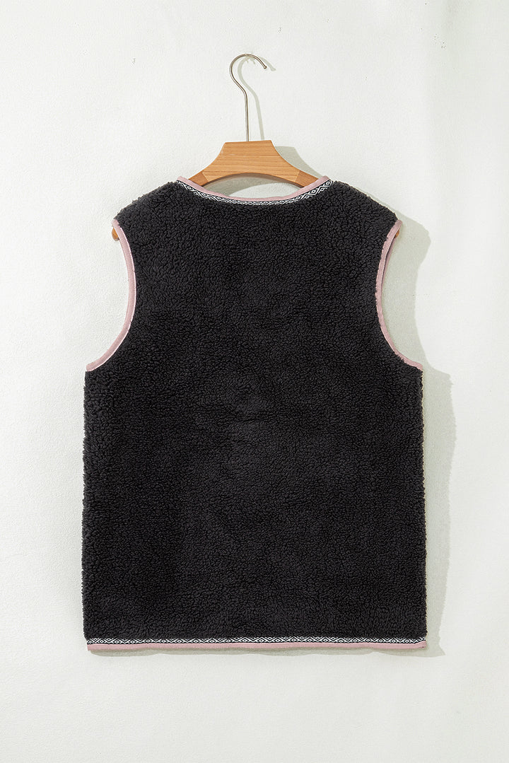 Dark Grey Sherpa Contrast Trim Patch Pocket Cartridge Toggle Button Vest