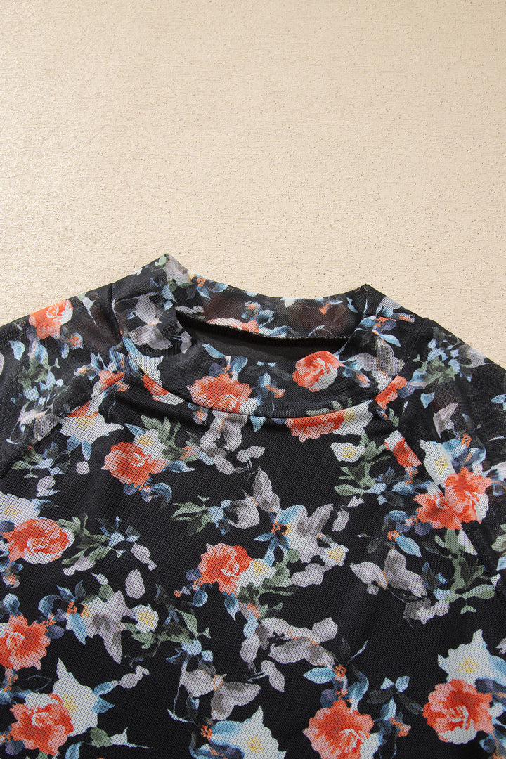 Black Floral Print Mesh Thumb Hole Long Sleeve Pullover Top