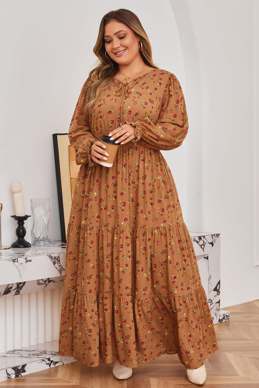 Brown Plus Size Floral Split V Neck Tiered Maxi Dress