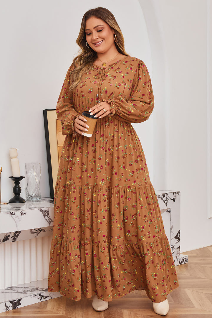 Brown Plus Size Floral Split V Neck Tiered Maxi Dress