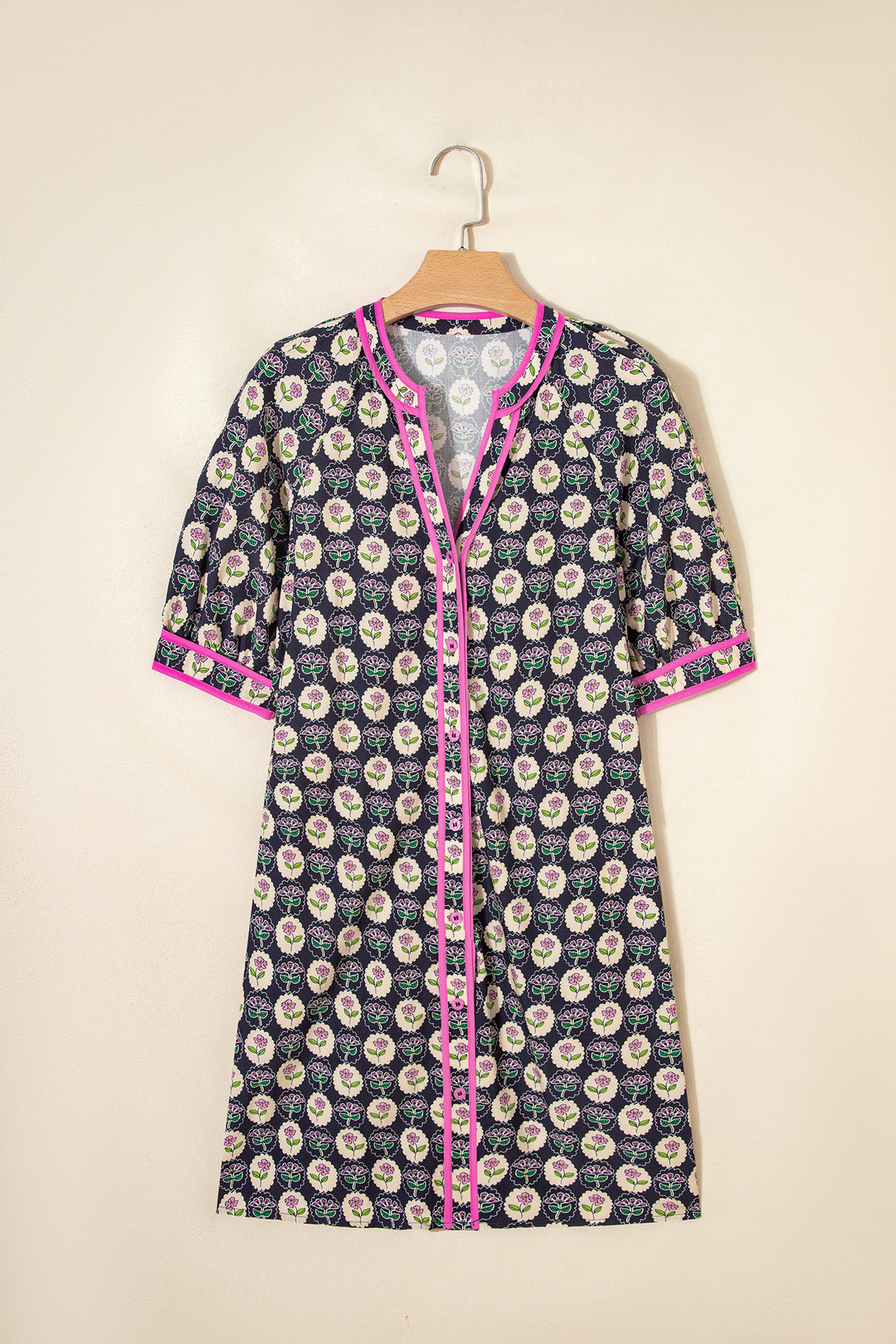 Casual Striped Trim Short Sleeve Vintage Floral Shift Dress
