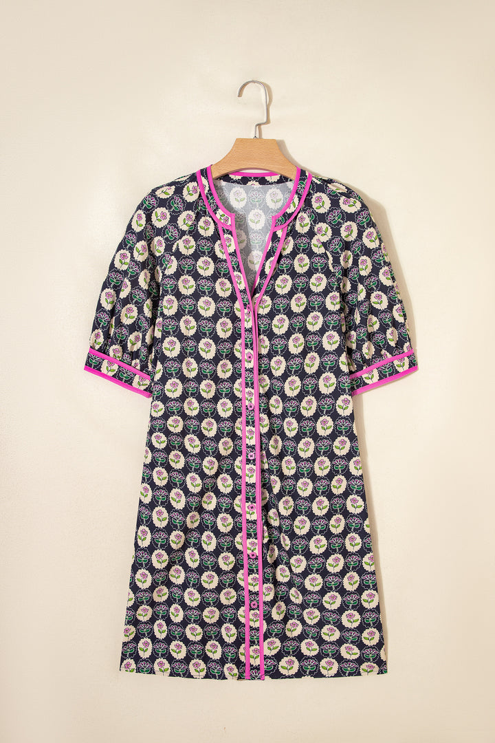 Casual Striped Trim Short Sleeve Vintage Floral Shift Dress