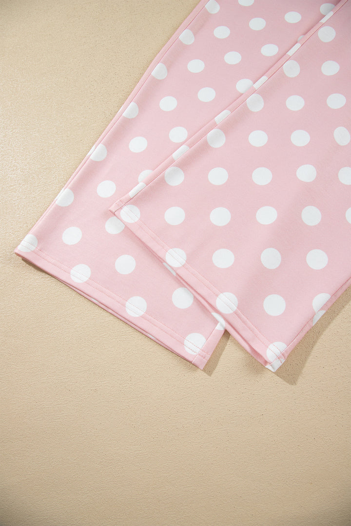 Pink Polka Dot Contrast Trim Long Sleeve Top Drawstring Shift Pants Set