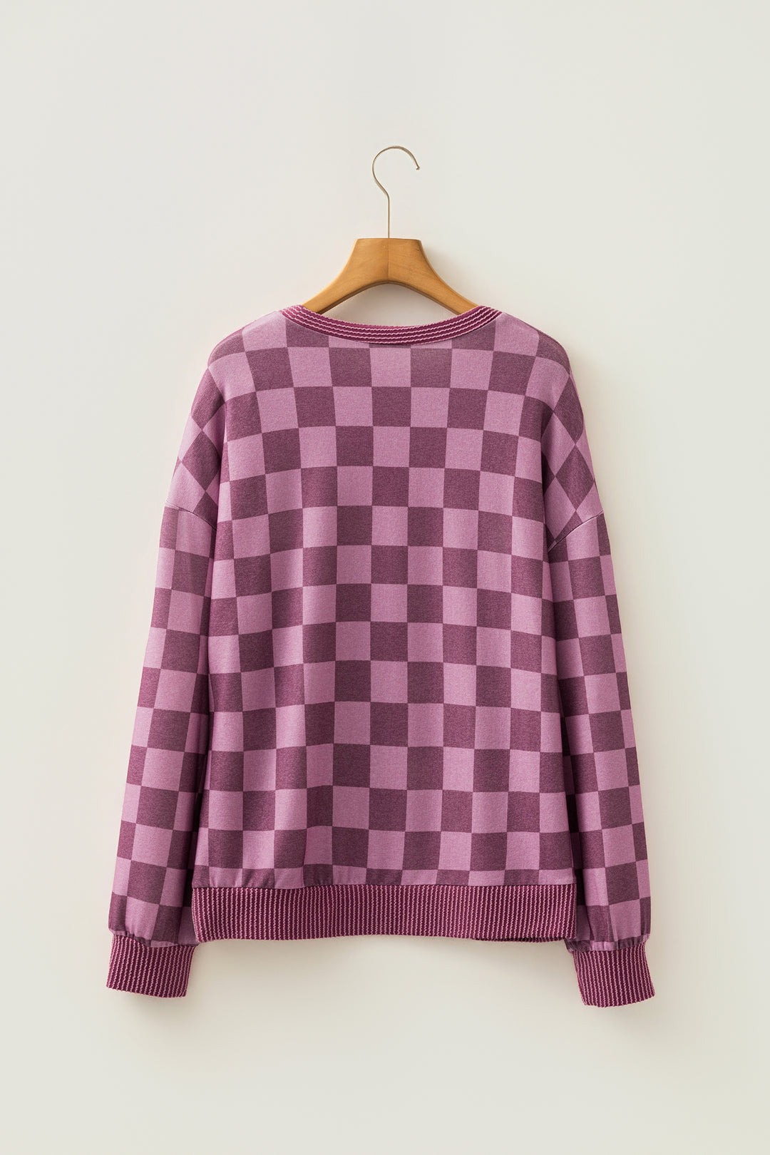 Red Ribbed Trim Checkered Print Long Sleeve Pullover Top