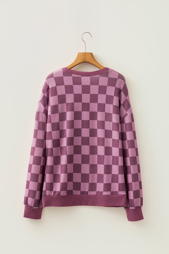 Red Ribbed Trim Checkered Print Long Sleeve Pullover Top