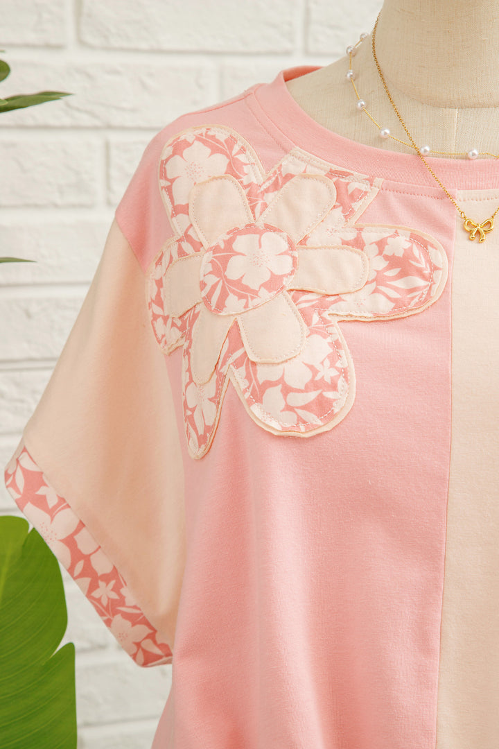 Apricot Color Block Flower Patched Loose T Shirt