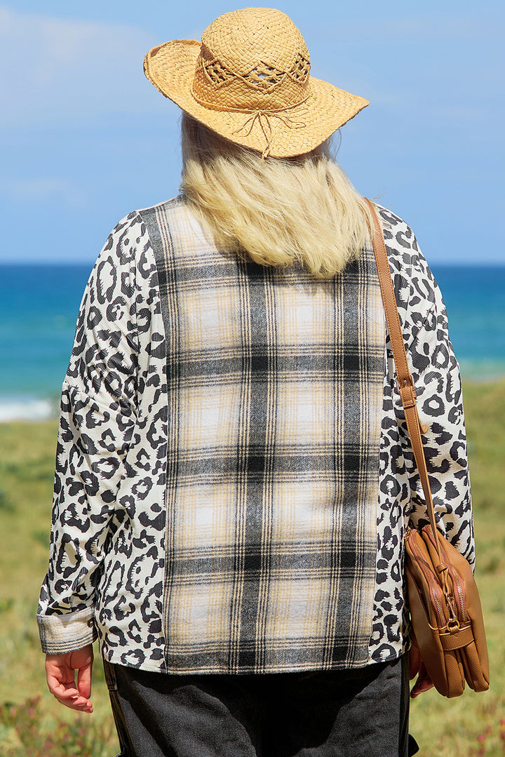 Black Plus Size Plaid Leopard Printed Patchwork Shacket