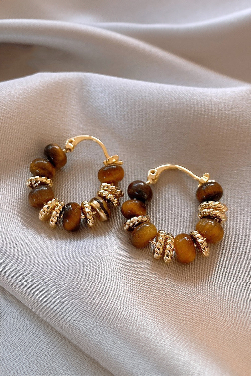 Retro Tiger Eye Stone Loop Clip-On Earrings