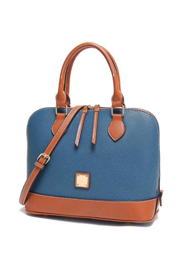 Color Contrast PU Leather Zipper Tote Bag