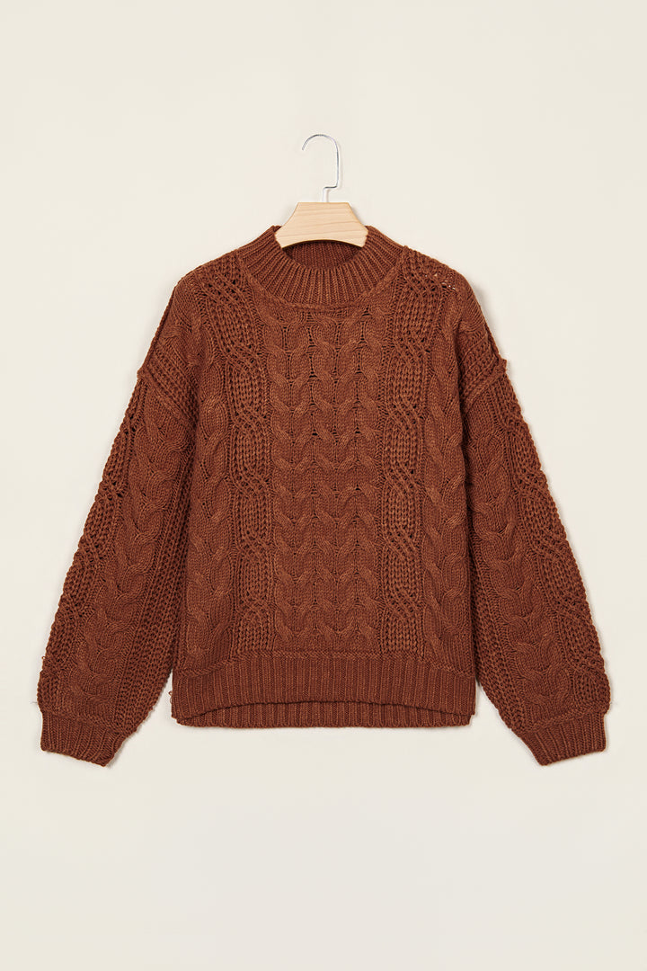 Coffee Solid Color Cable Knit High Neck Loose Pullover Sweater