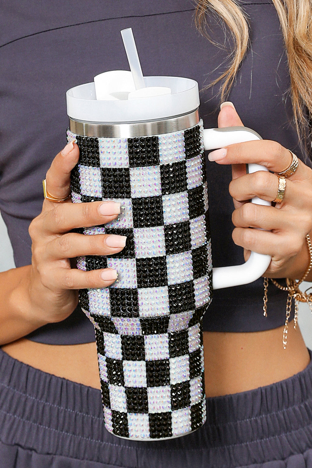 Full Rhinestone Checkerboard Handled Tumbler 40oz