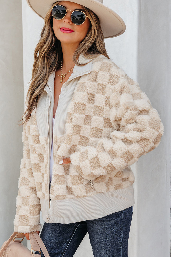 Khaki Checker Sherpa Corduroy Patchwork Zip up Collared Jacket